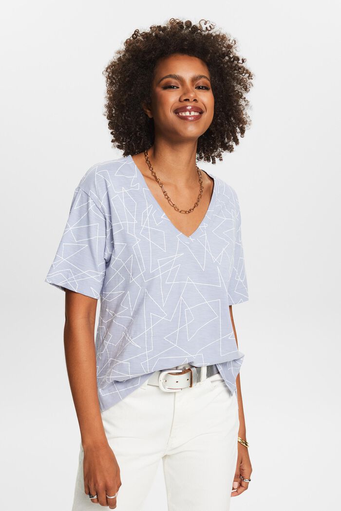 Baumwoll-T-Shirt mit V-Ausschnitt und Print, LIGHT BLUE LAVENDER, detail image number 4
