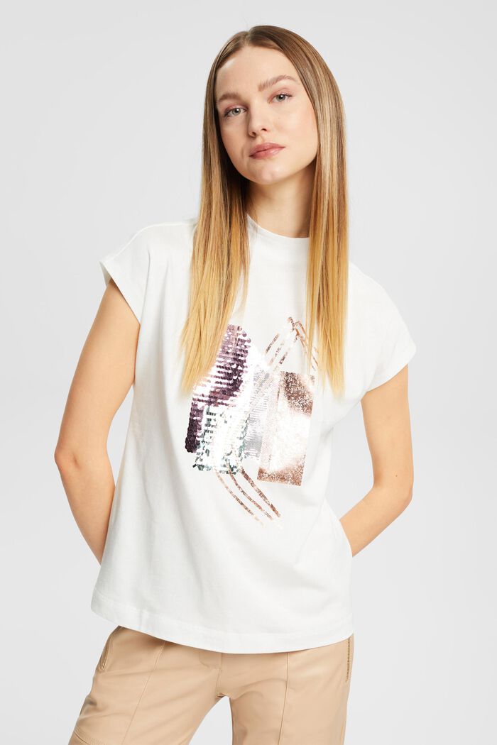 T-Shirt mit Paillettenapplikation, TENCEL™, OFF WHITE, detail image number 0