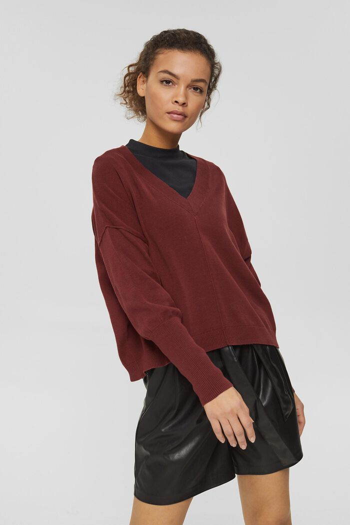 V-Ausschnitt-Pullover, 100% Baumwolle, GARNET RED, overview