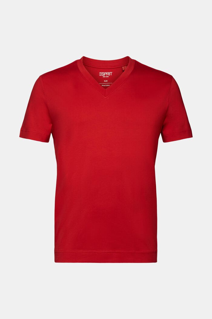 Jersey-T-Shirt mit V-Ausschnitt, 100 % Baumwolle, DARK RED, detail image number 6