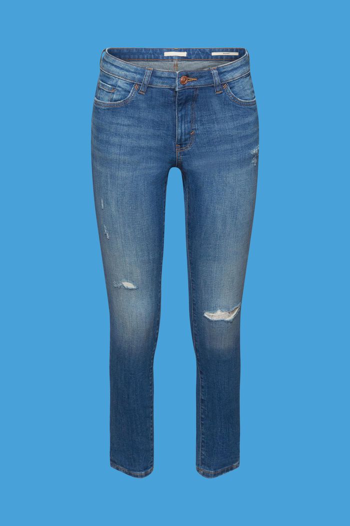 Verkürzte, schmal geschnittene Jeans in Used-Optik, BLUE MEDIUM WASHED, detail image number 6