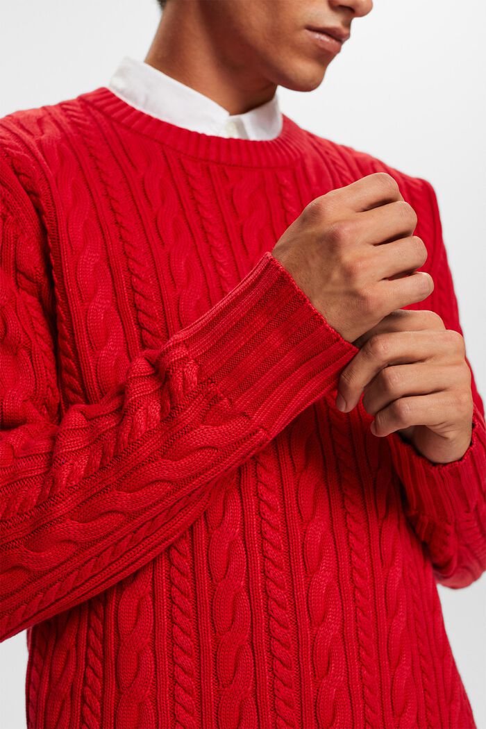 Zopfstrickpullover aus Baumwolle, DARK RED, detail image number 1