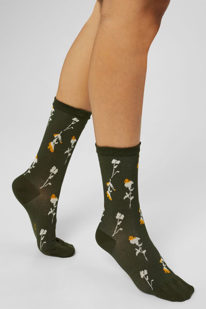 Socken mit Blumenmuster und fluffigem Bündchen, MILITARY, detail image number 2