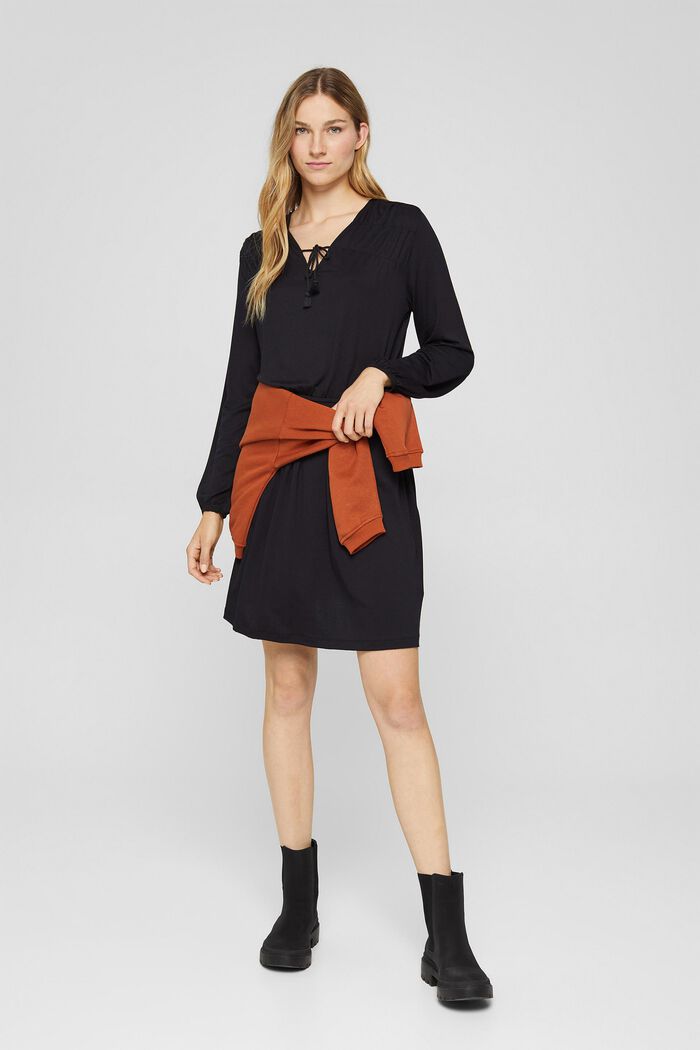 Jerseykleid mit Tasselbändern, LENZING™ ECOVERO™, BLACK, detail image number 1