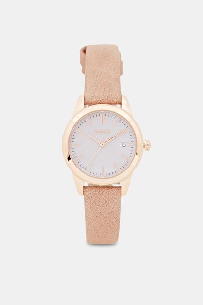 Edelstahl-Uhr mit Armband in Lederoptik, PINK, overview