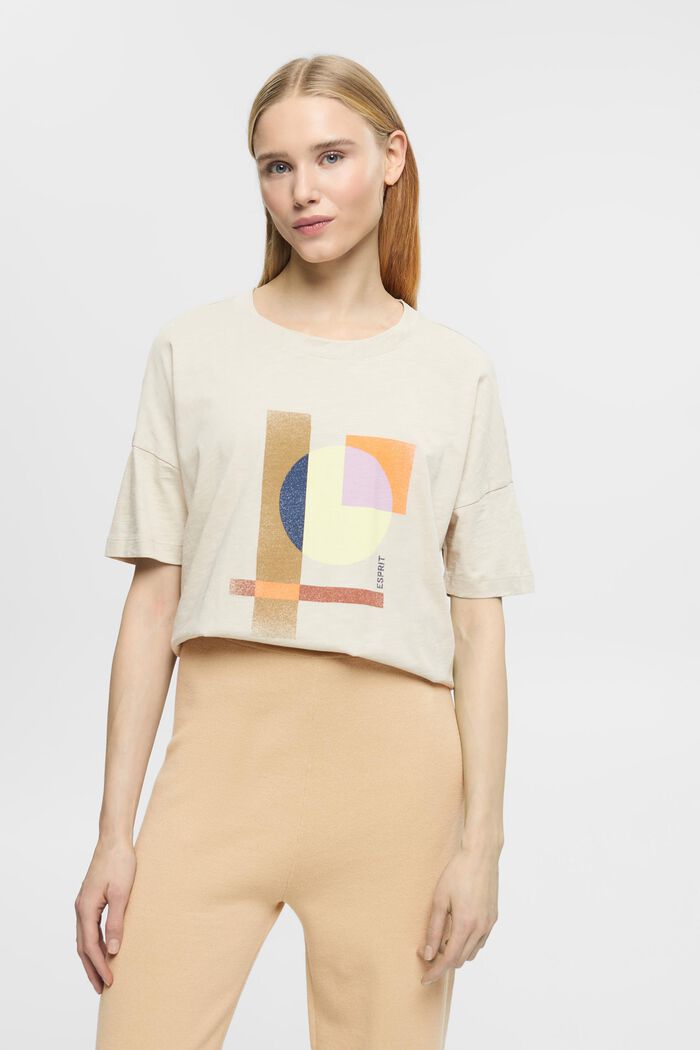 Baumwoll-T-Shirt mit geometrischem Print, LIGHT TAUPE, detail image number 0