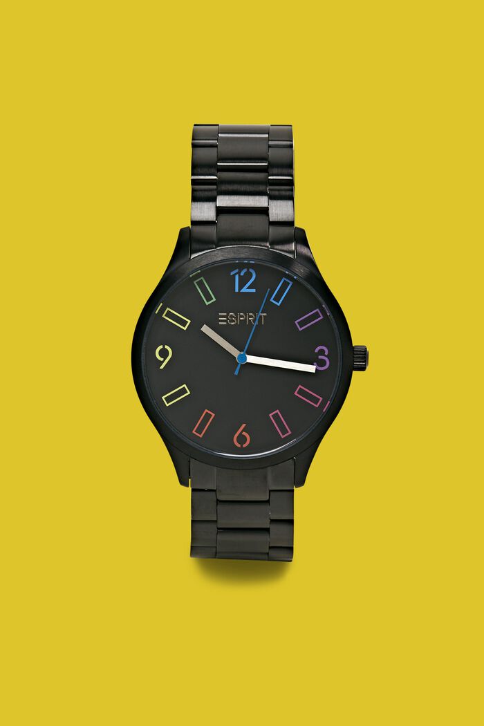 Edelstahl-Armbanduhr mit mehrfarbigem Ziffernblatt, BLACK, detail image number 0
