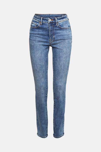 High Rise Jeans mit Washed-Out-Effect, BLUE MEDIUM WASHED, overview