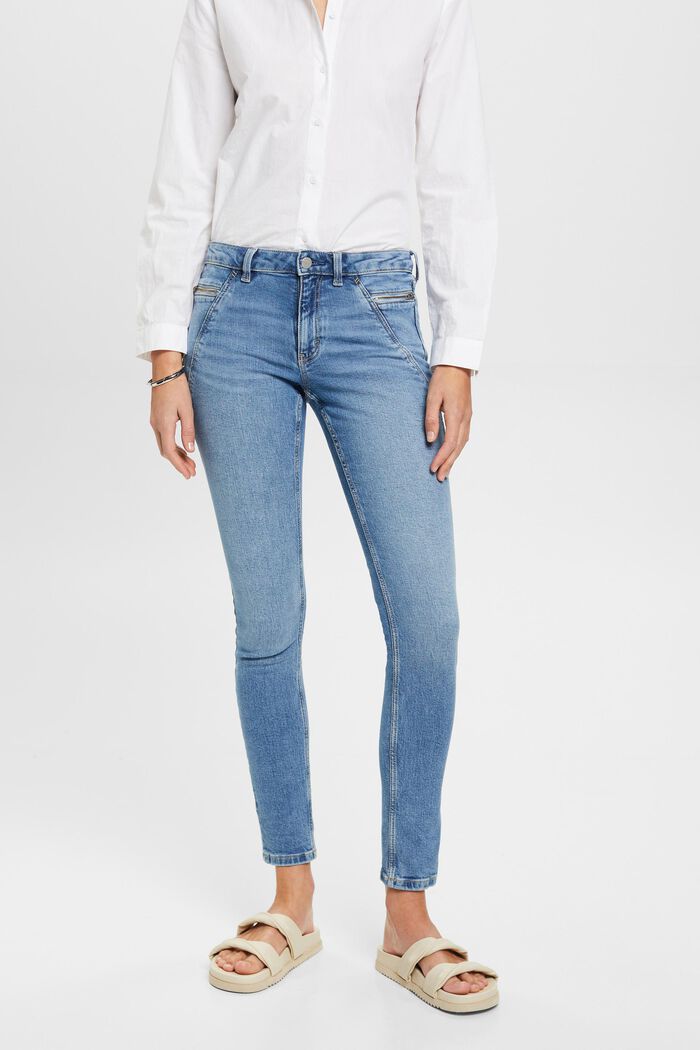 Skinny-Jeans mit mittelhohem Bund und Ziptaschen, BLUE LIGHT WASHED, detail image number 0