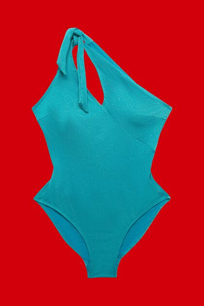 One-Shoulder-Badeanzug mit Glitzereffekt, TEAL BLUE, overview