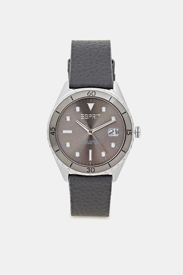 Edelstahl-Uhr mit Lederarmband, DARK GREY, detail image number 0