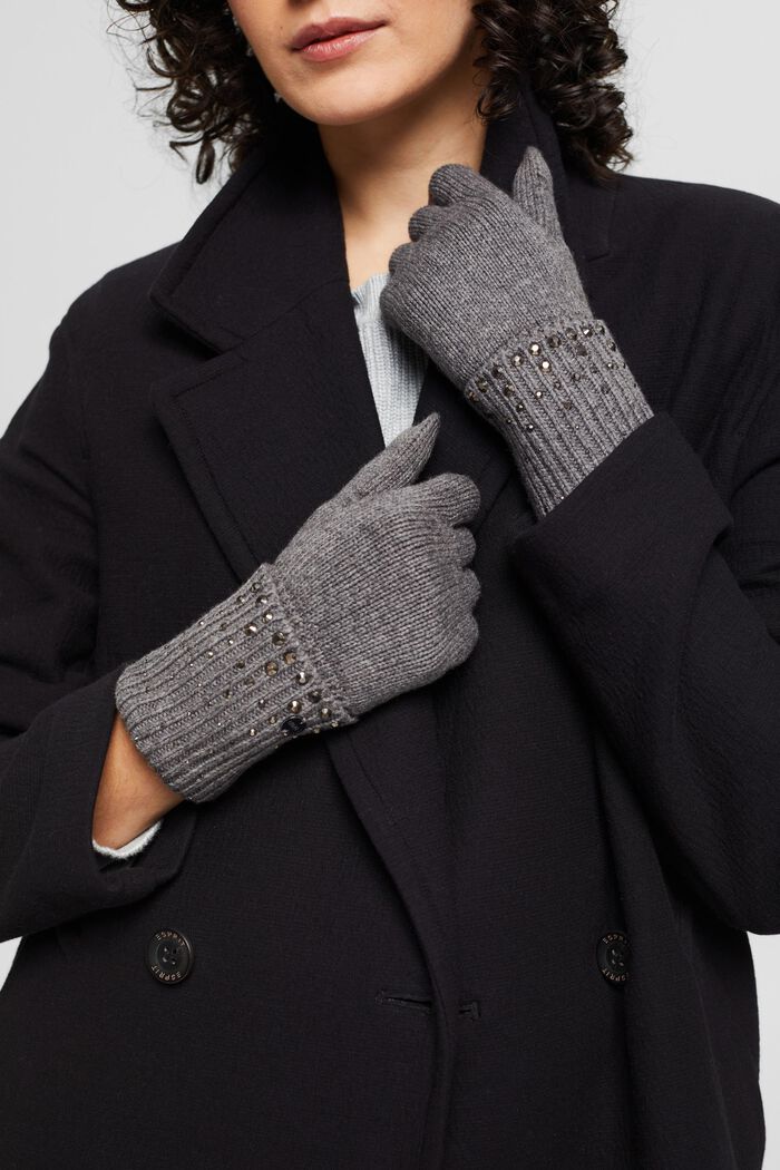 Mit Wolle: Handschuhe mit Schmucksteinen, GREY, detail image number 2