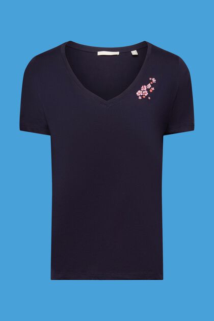T-Shirt mit V-Ausschnitt und floraler Stickerei, NAVY, overview