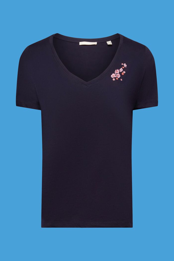 T-Shirt mit V-Ausschnitt und floraler Stickerei, NAVY, detail image number 5