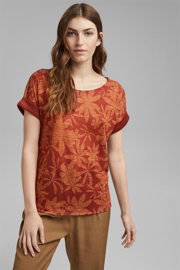 Aus 100% Leinen: T-Shirt mit Blätter-Print, TERRACOTTA, detail image number 0