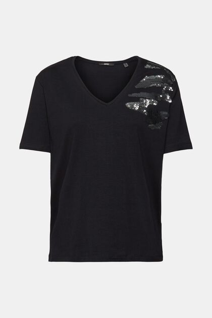 T-Shirt mit V-Ausschnitt und Pailletten, BLACK, overview