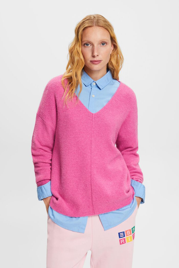 Wollmix-Pullover mit V-Ausschnitt, PINK FUCHSIA, detail image number 2