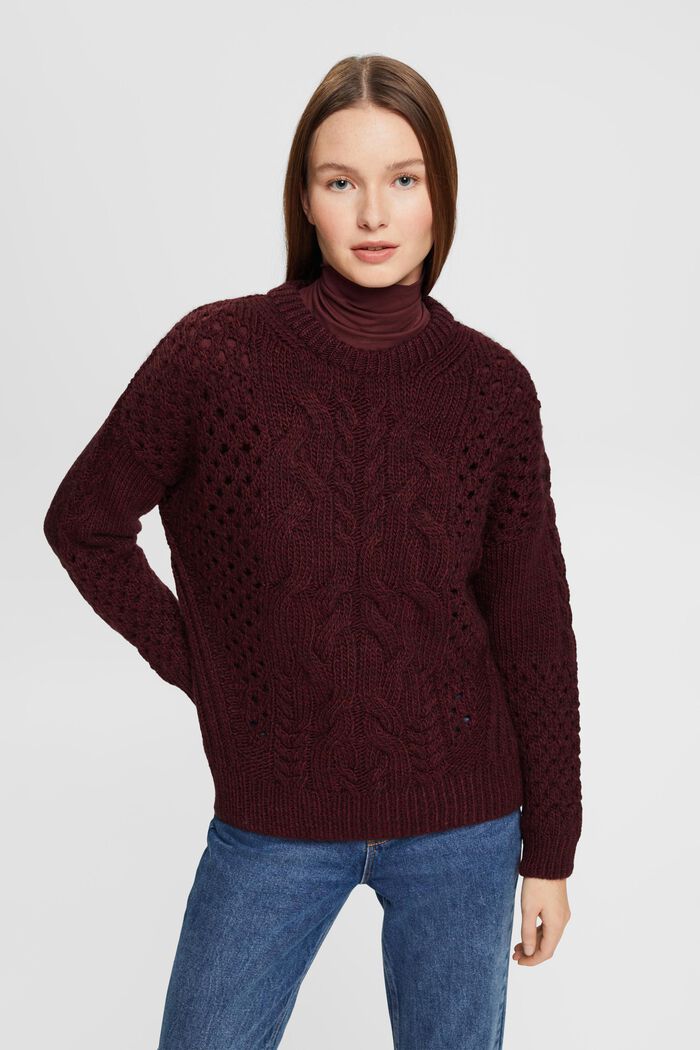 Pullover mit Zopf-Muster, BORDEAUX RED, detail image number 0