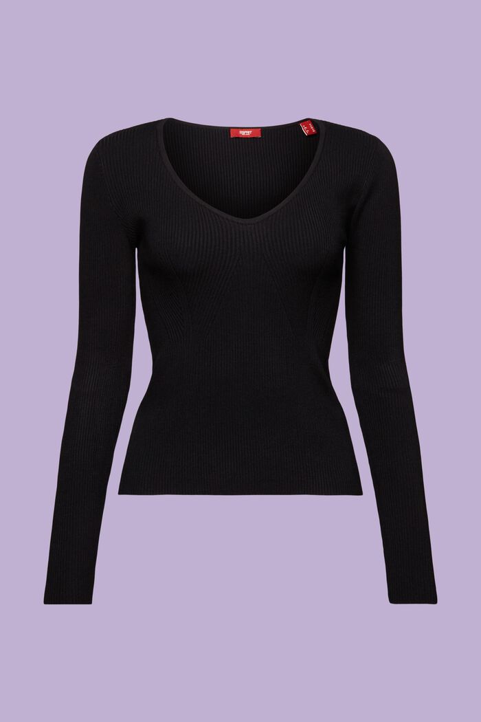 Rippstrick-Pullover mit V-Ausschnitt, BLACK, detail image number 7