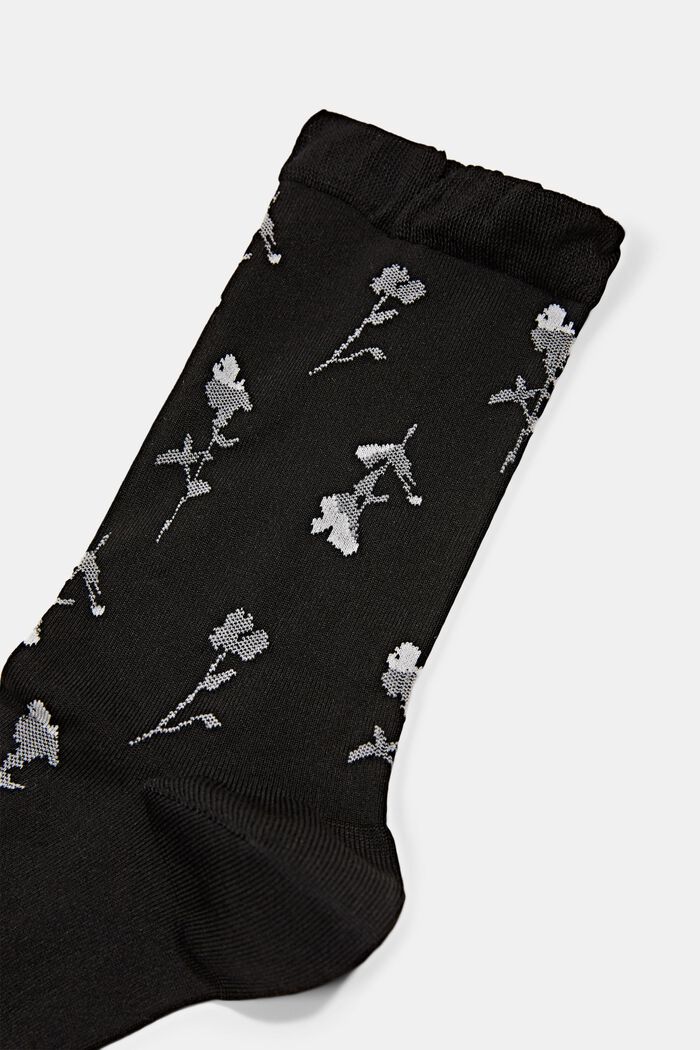 Socken mit Blumenmuster und fluffigem Bündchen, BLACK, detail image number 1