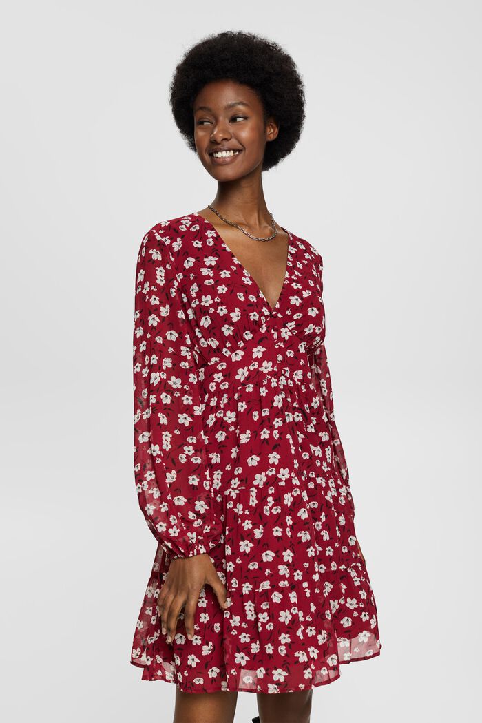 Kleid mit V-Ausschnitt und Allover-Print, CHERRY RED, detail image number 0