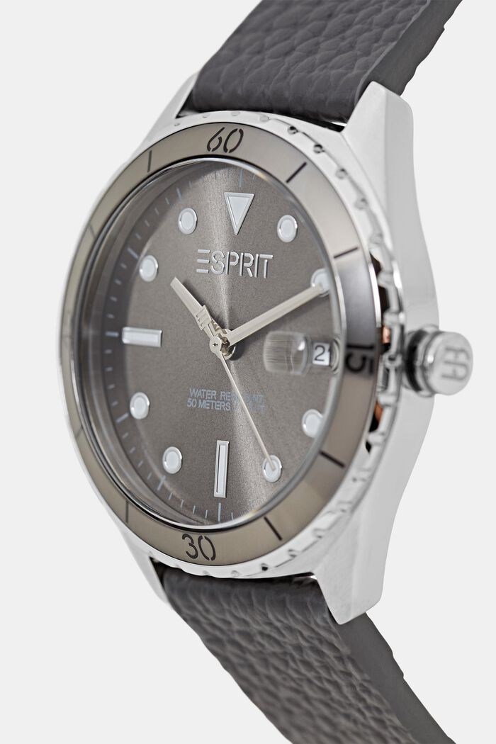 Edelstahl-Uhr mit Lederarmband, DARK GREY, detail image number 1
