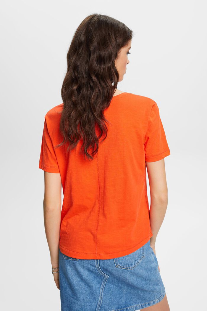 Baumwoll-T-Shirt mit V-Ausschnitt und Ziernähten, ORANGE RED, detail image number 3