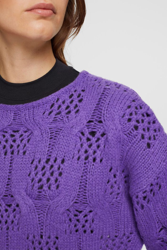 Cropped Zopfstrickpullover mit Wolle, PURPLE, detail image number 2