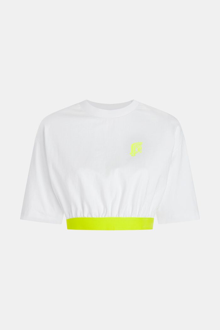 Cropped Logo-T-Shirt mit neonfarbigen Rippbündchen, WHITE, overview