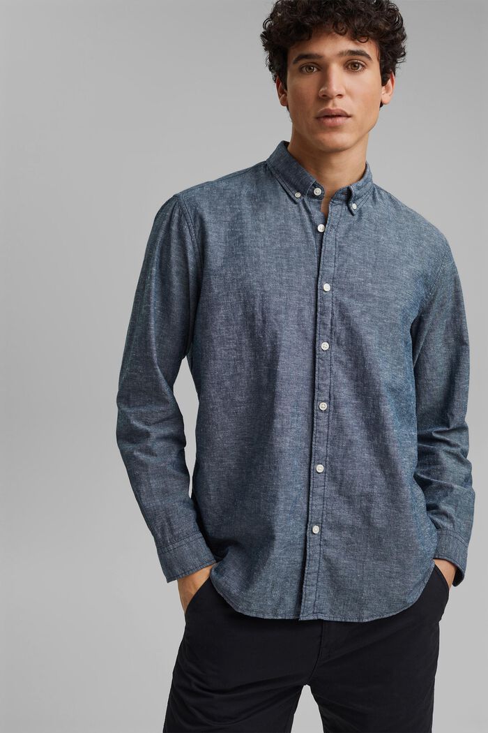 Leinen/Organic Cotton: Button-Down-Hemd, NAVY, overview