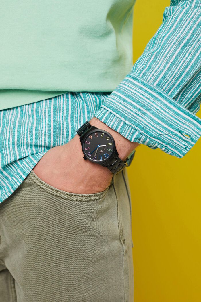 Edelstahl-Armbanduhr mit mehrfarbigem Ziffernblatt, BLACK, detail image number 2