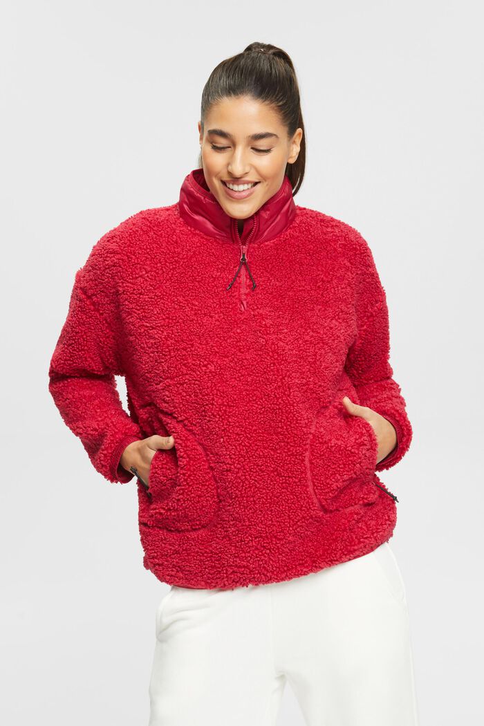 Sweatshirt aus Teddyfleece mit halbem Zipper, CHERRY RED, detail image number 0