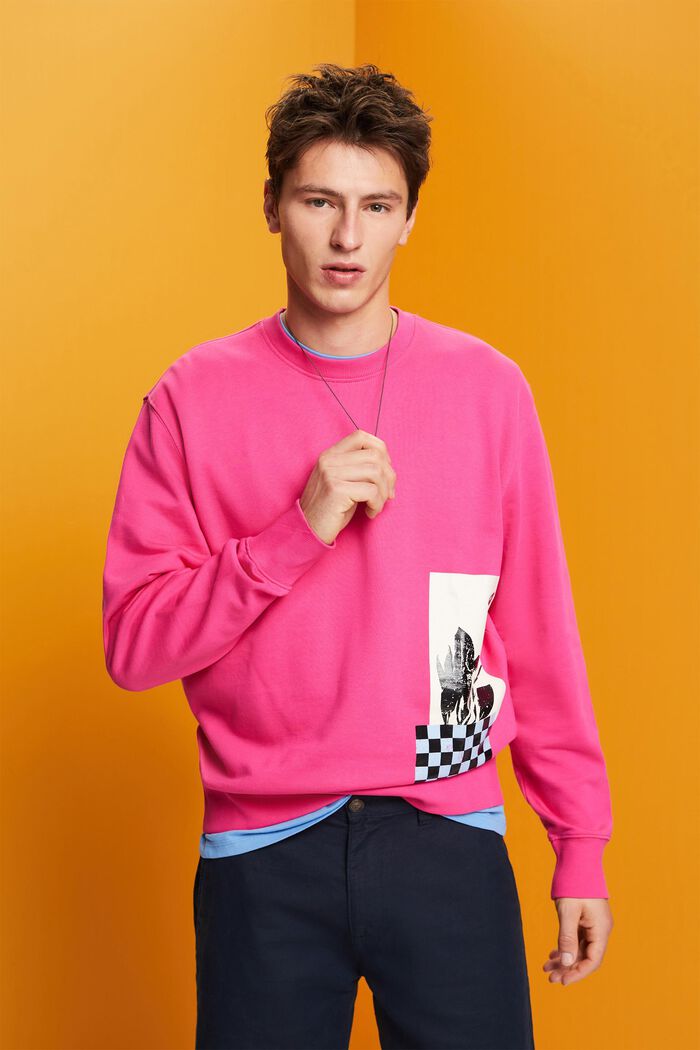 Rundhals-Sweatshirt mit Print, 100 % Baumwolle, PINK FUCHSIA, detail image number 0