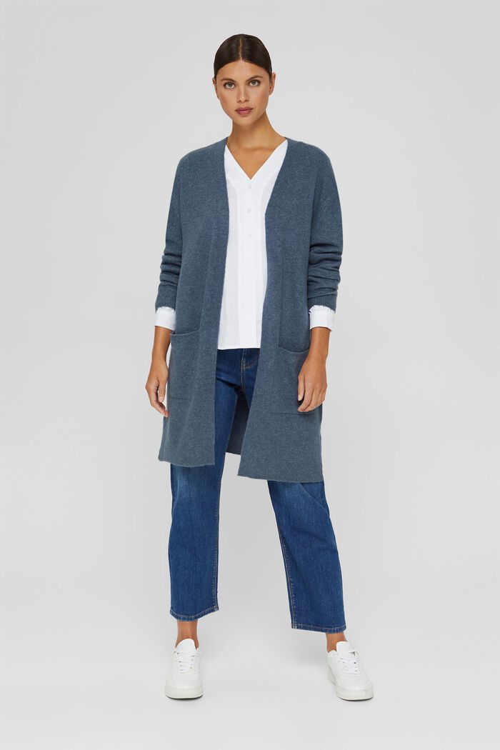 Mit Wolle: offener Cardigan in Longform, GREY BLUE, detail image number 1