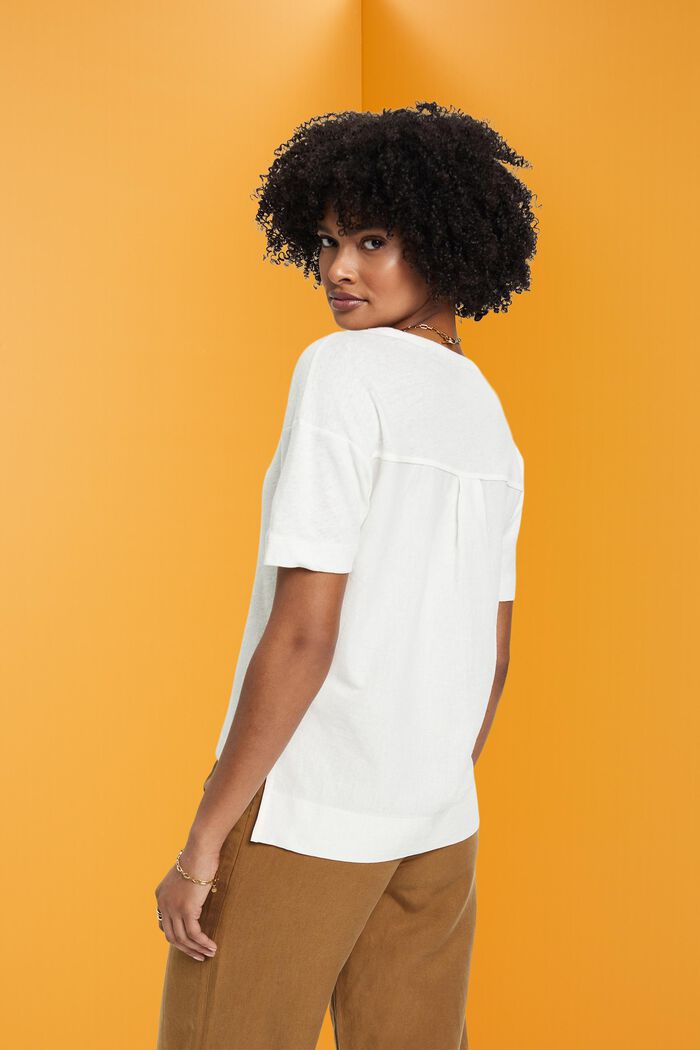 T-Shirt mit V-Ausschnitt aus Leinen-Mix, OFF WHITE, detail image number 3