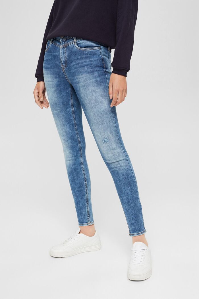 Knöchellange Jeans im Used-Look, Bio-Baumwolle, BLUE MEDIUM WASHED, overview