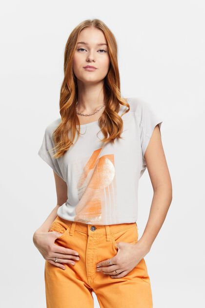 T-Shirt mit Print vorne, LENZING™ ECOVERO™, PASTEL GREY, overview