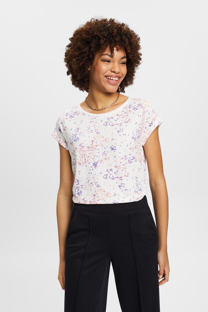 Baumwoll-T-Shirt mit floralem Print, OFF WHITE, detail image number 0