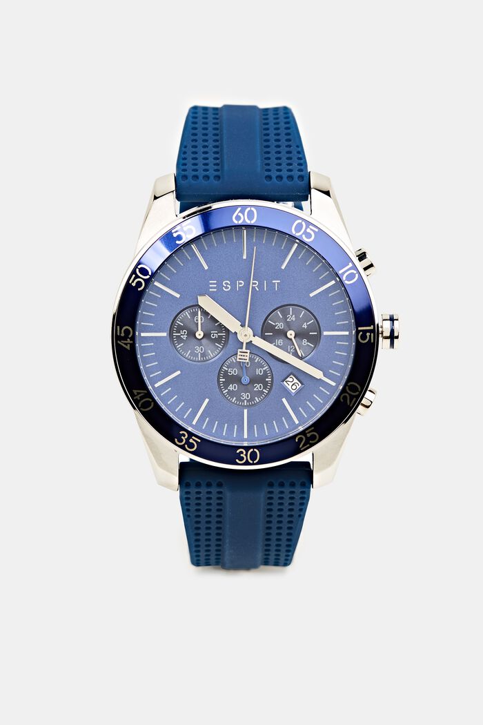 Edelstahl-Chronograph mit Rubber-Armband, BLUE, overview