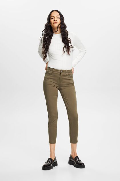 Stretchige Mid-Rise-Hose in Cropped-Länge, KHAKI GREEN, overview