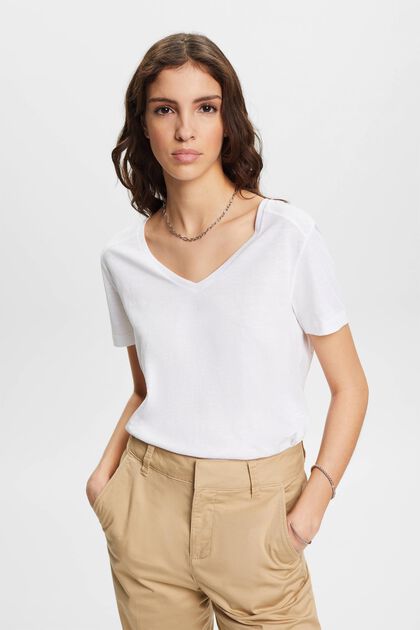 Baumwoll-T-Shirt mit V-Ausschnitt und Ziernähten, WHITE, overview