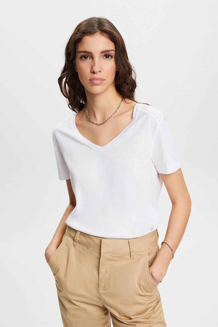 Baumwoll-T-Shirt mit V-Ausschnitt und Ziernähten, WHITE, detail image number 0
