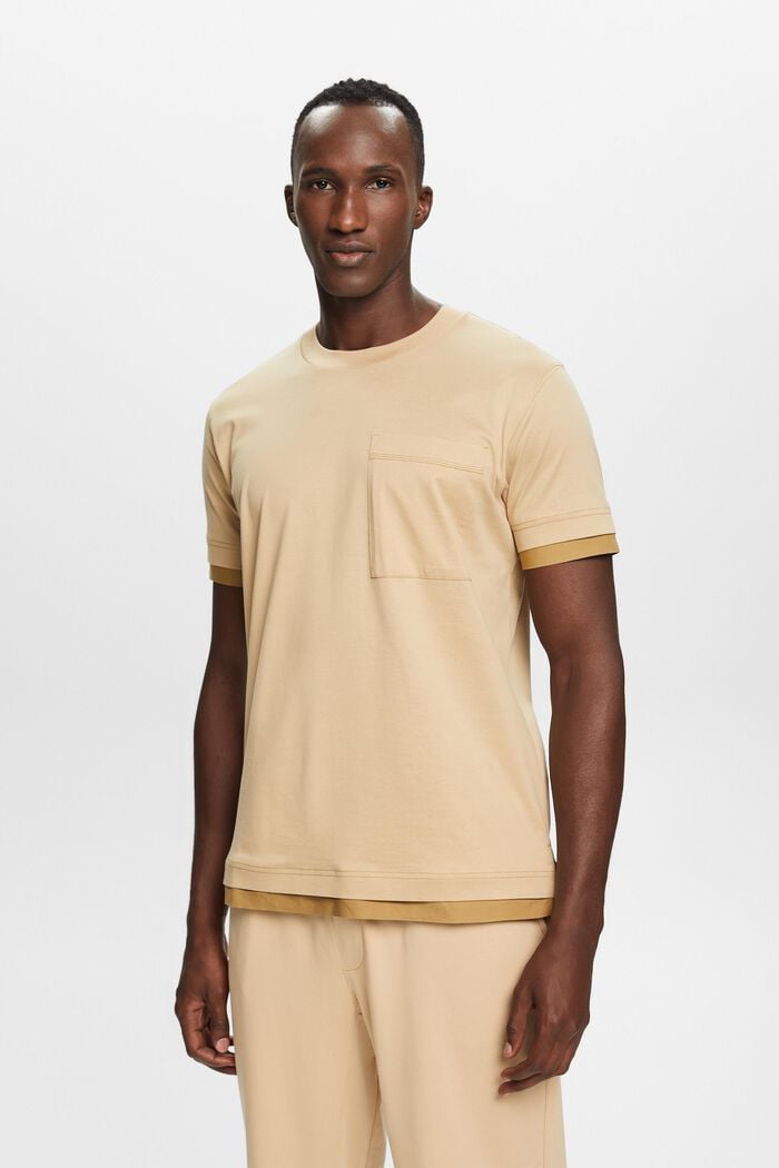 Rundhals-T-Shirt im Lagenlook, 100 % Baumwolle, SAND, detail image number 0