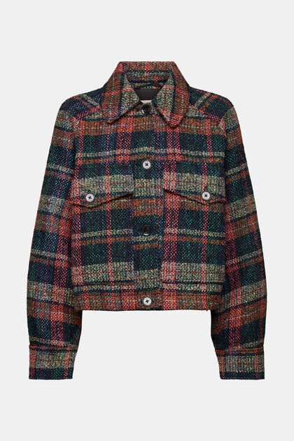 Tweed-Jacke mit Tartan-Muster aus Wollmix, BLACK, overview