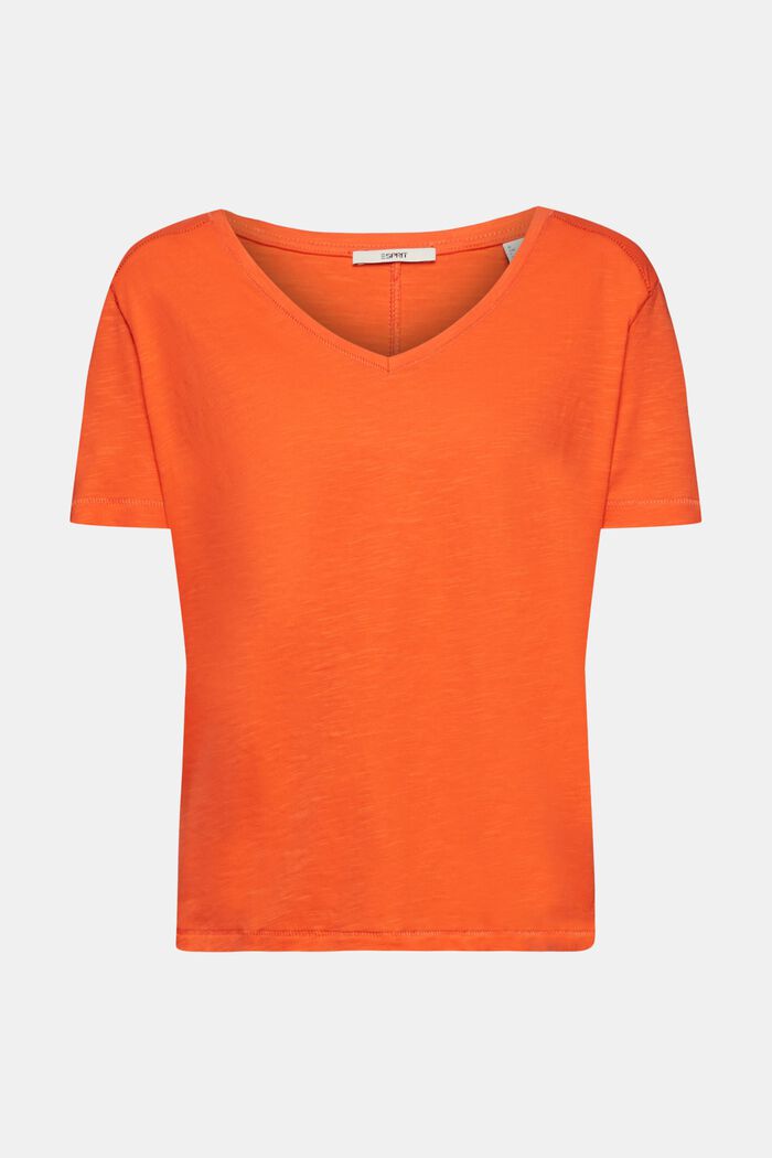 Baumwoll-T-Shirt mit V-Ausschnitt und Ziernähten, ORANGE RED, detail image number 6
