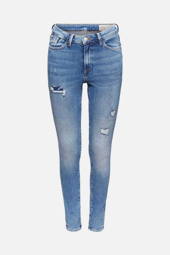 Skinny Jeans im Destroyed-Look, Bio-Baumwolle, BLUE MEDIUM WASHED, overview