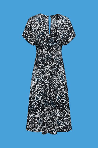 Jerseykleid mit V-Ausschnitt und Allover-Print, BLACK, overview