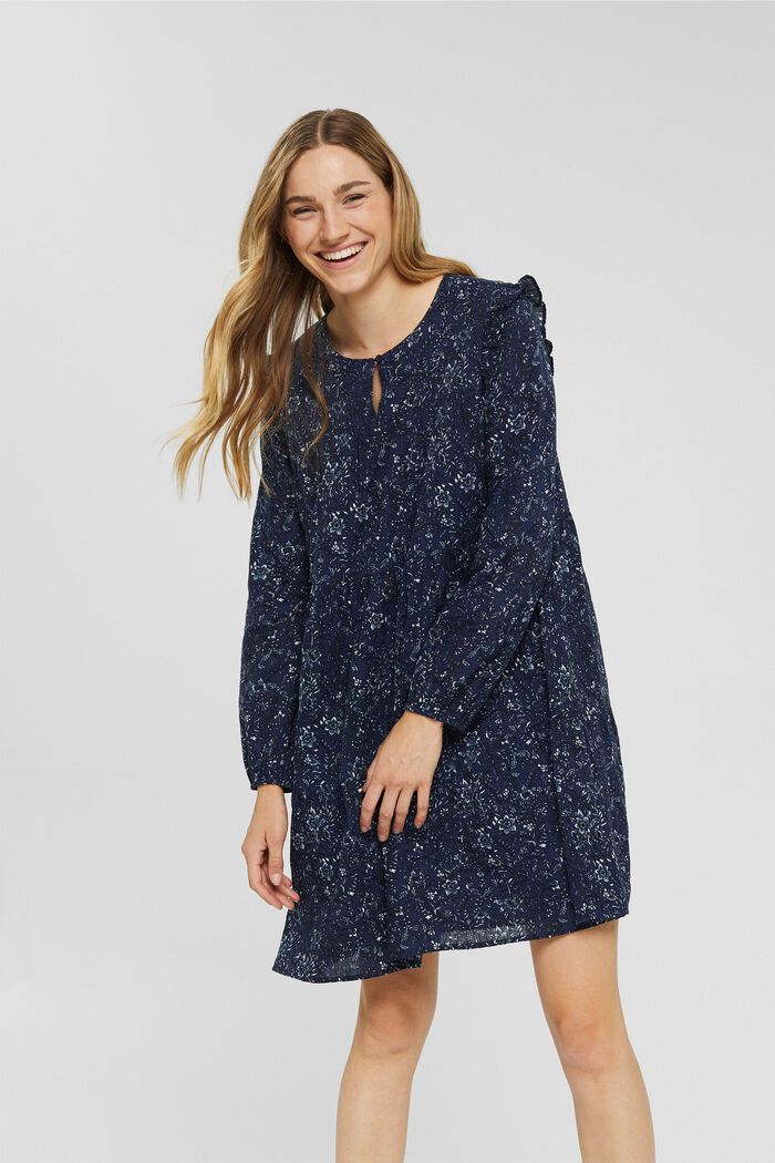 Print-Kleid mit Rüschen aus 100% Baumwolle, NAVY, detail image number 0