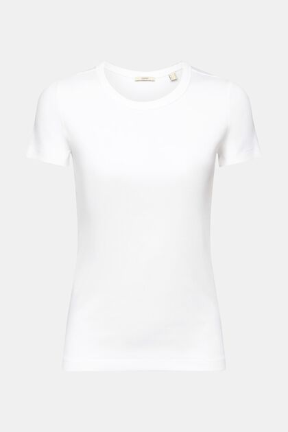 T-Shirt mit geripptem Rundhalsausschnitt, WHITE, overview