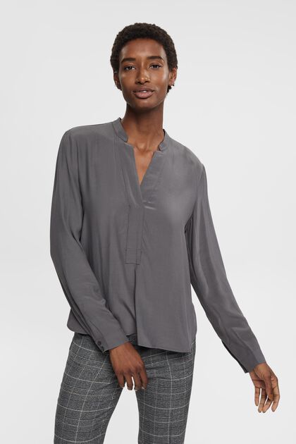 Bluse mit V-Neck, LENZING™ ECOVERO™, ANTHRACITE, overview
